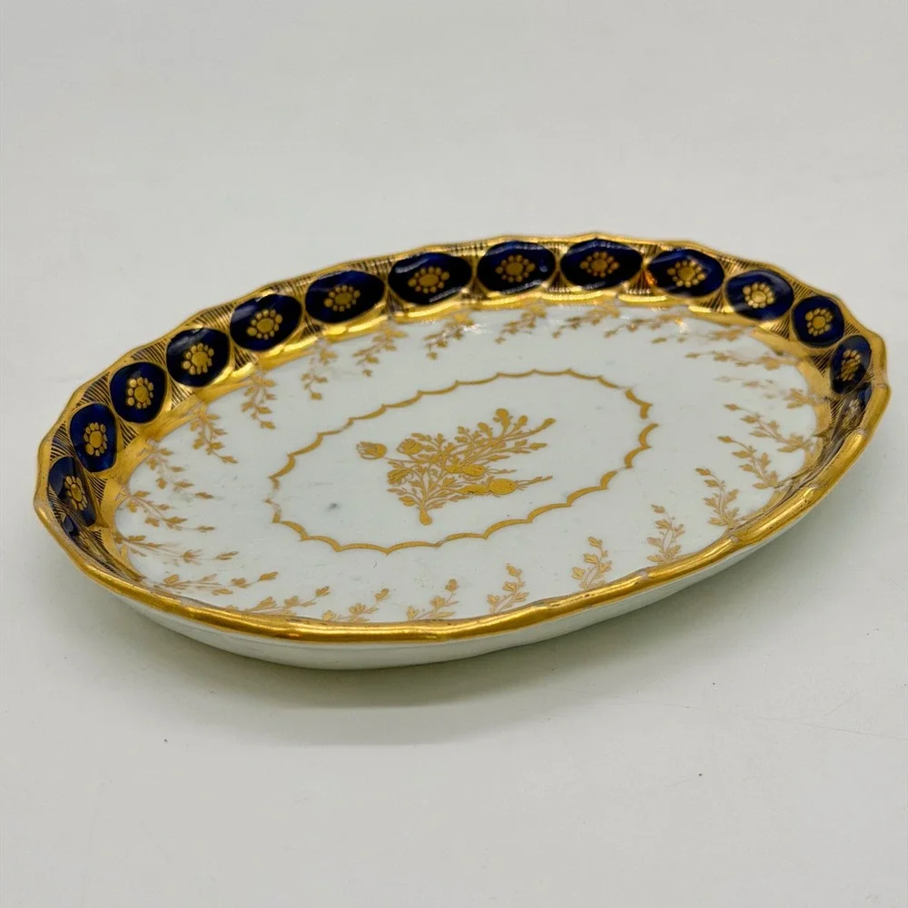 Antique‎ Cobalt Blue Gold Gilt Porcelain Oval Trinket Dish Floral Scalloped Rim